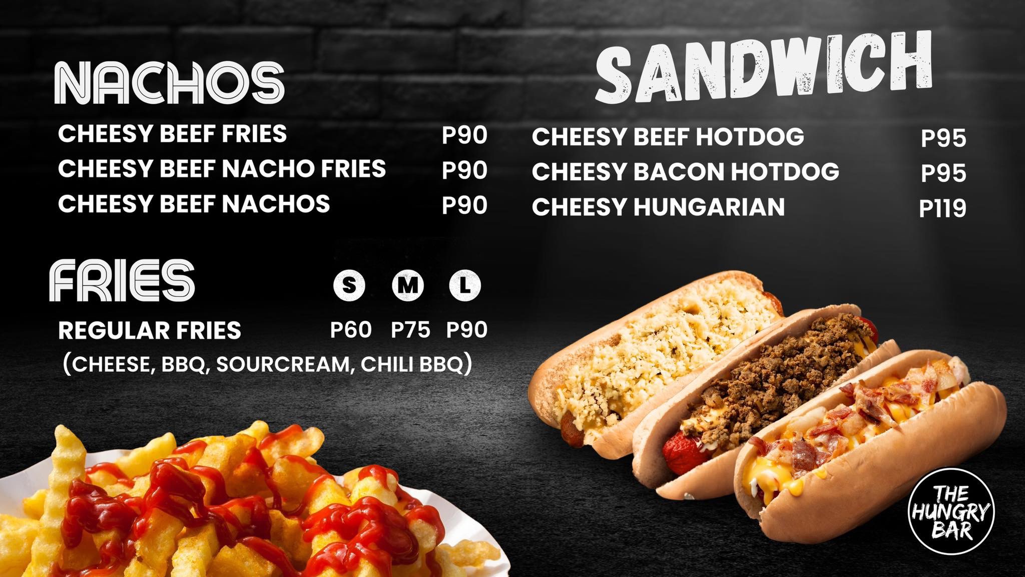 Nachos, fries, and sandwich menu